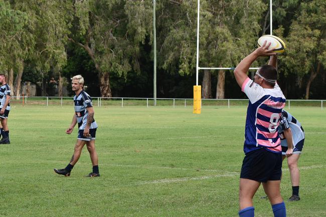 Moranbah's Peter Mylne prepares a throw in the Slade Point Slashers v Moranbah Bulls in Mackay Rugby Union Round 4 Seniors A-Grade Anzac Day clash at Cathy Freeman Oval in Slade Point. Saturday, April 23, 2022. Picture: Max O'Driscoll