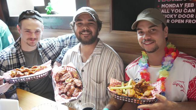 Enjoying the Super Bowl party at Tailgate Sports Bar in the Toowoomba CBD are (from left) Beau Hess, Michael Lasserre and Wesley Lasserre.