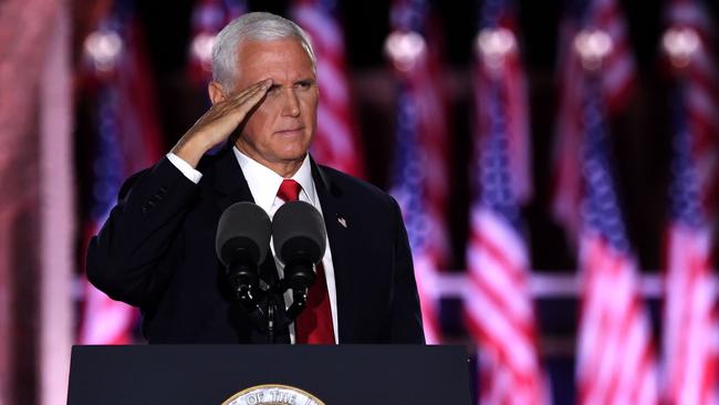 US Vice President Mike Pence salutes after speaking during the third night of the Republican National Convention. Picture: AFP