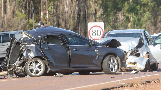 The horrific scene of the crash at Humpty Doo in which a woman was killed. Picture: Glenn Campbell