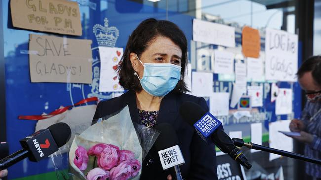 Gladys Berejiklian talks to media after her resignation.