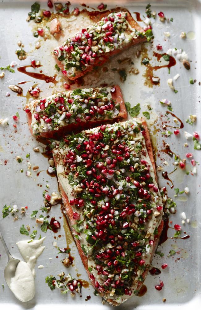 Seafood and eat it ... Pete Evan's paleo salmon fillet with herbs and pomegranate. Picture: www.peteevans.com