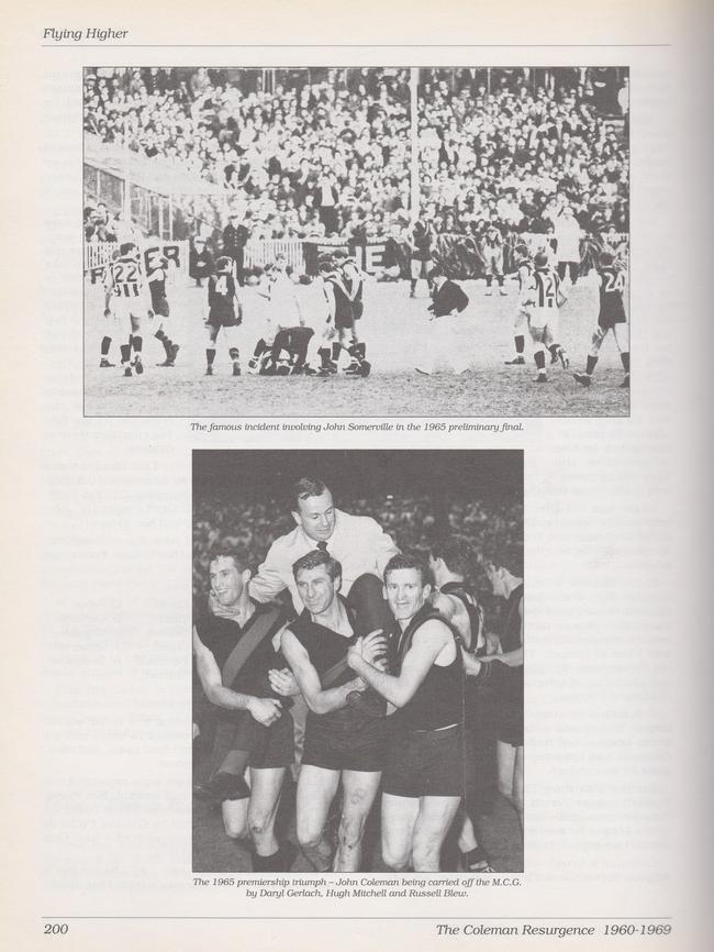 John Coleman being carried off the MCG by Daryl Gerlach, Hugh Mitchell and Russell Blew after the 1965 premiership.