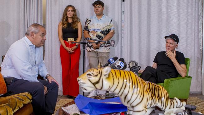 Australian director Baz Luhrmann talking to Gold Coast Mayor Tom Tate with Eleea Navarro and Jordan Wilkinson inside The Tent, his office. Picture: Jerad Williams