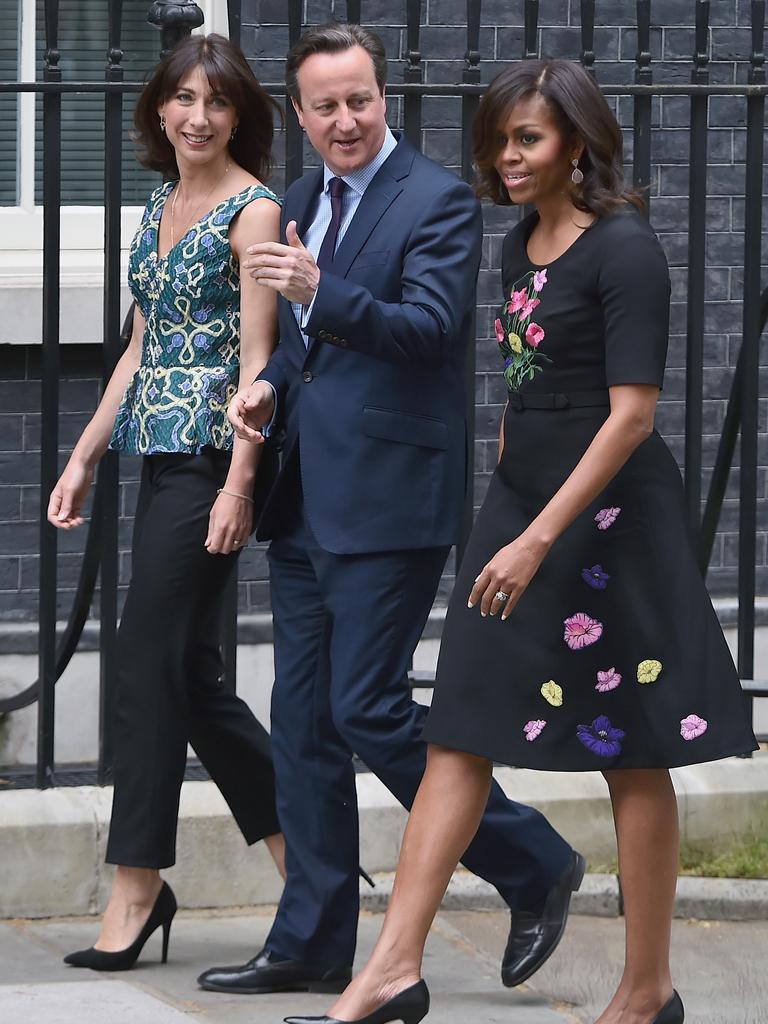 US First Lady, Michelle Obama, meets Prime Minister David Cameron and Samantha Cameron in Downing Street June 16, 2015 in London. Picture: Getty