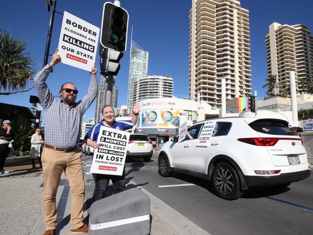 Gold Coast tourism operators rally together driving en masse through Surfers Paradise to protest the proposed border closures until September.