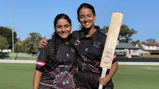 (L-R) Penrith's Sukhmandeep Dhaliwal and Japleen Kaur after their match-winning 76-run stand against St George-Sutherland at Harold Fraser Reserve in R10 of the Brewer Shield. Photo: Jason Hosken, NewsCorp - NewsLocal