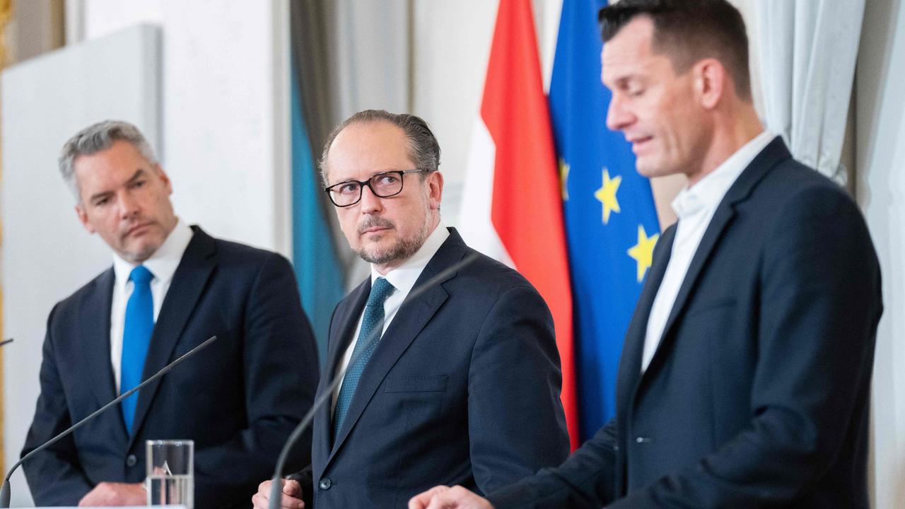 Austria's Interior Minister Karl Nehammer, left, Chancellor Alexander Schallenberg and Health Minister Wolfgang Mueckstein. Picture: Georg Hochmuth/APA/AFP