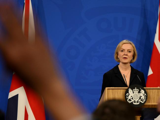 *** BESTPIX *** LONDON, ENGLAND - OCTOBER 14: UK Prime Minister Liz Truss answers questions at a press conference in 10 Downing Street after sacking her former Chancellor, Kwasi Kwarteng, on October 14, 2022 in London, England. After just five weeks in the job, Prime Minister Liz Truss has sacked Chancellor of The  Exchequer Kwasi Kwarteng after he delivered a mini-budget that plunged the UK economy into crisis. (Photo by Daniel Leal - WPA Pool/Getty Images)