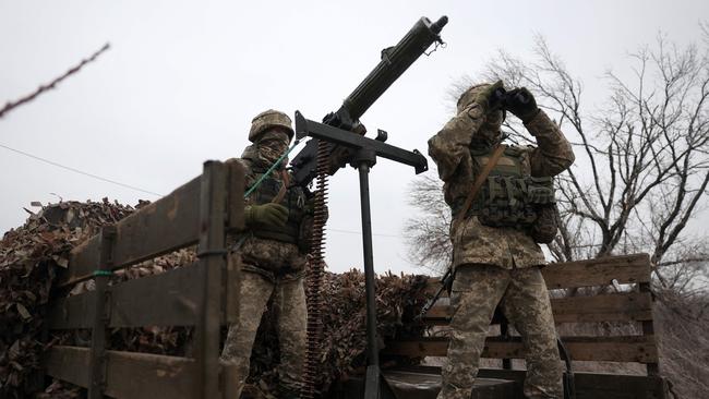 Ukrainian soldiers monitor the sky at their position in the Donetsk region, on December 10, 2023, amid the Russian invasion of Ukraine. Picture: AFP