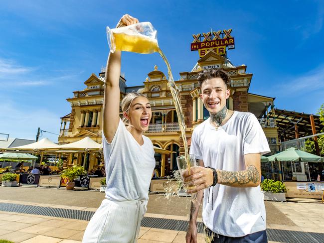 Olive Lincoln from Ashgrove and Haedyn Rawson from Indooroopilly enjoying a beer at Breakfast Creek Hotel. Picture: Richard Walker