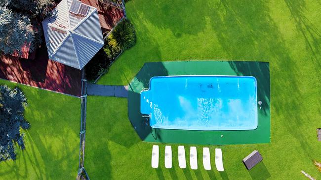 The pool and gazebo as viewed from above.