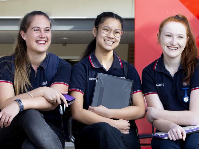 Griffith University Logan campus to reopen to students in July.  Third year midwifery students Imke Barnard and Nhi Le Nguyen with 2nd year nursing student Danielle Ramsay. Thursday June 4, 2020. Picture Renae Droop