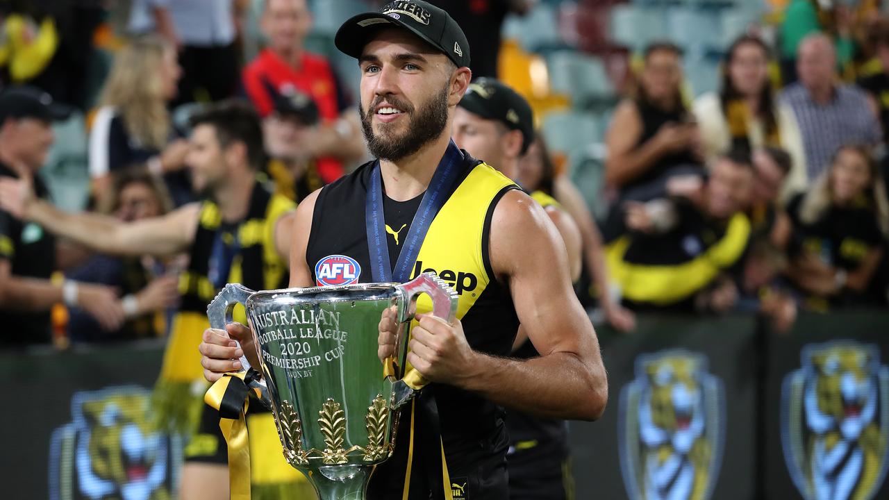 Shane Edwards celebrates the Tigers’ 2020 AFL grand final win. Picture: Jono Searle/AFL Photos/via Getty Images