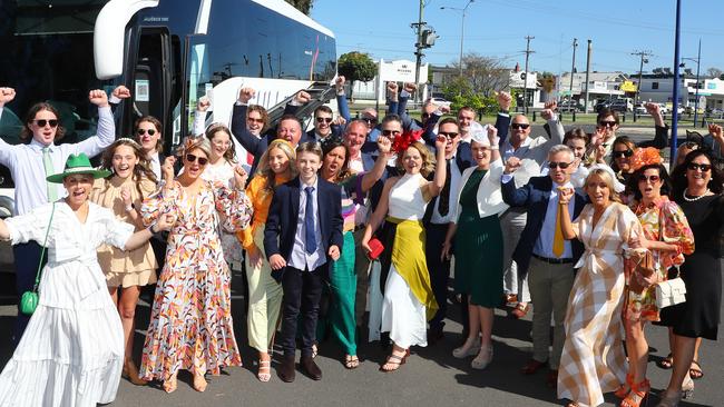 Connections of Geelong-owned horse Tralee Rose were in a jovial mood to start Cup Day. Picture: Alison Wynd