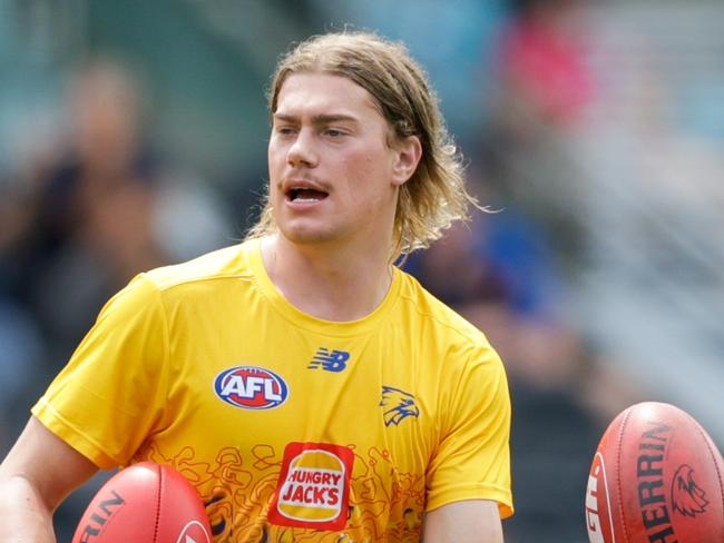 BRISBANE, AUSTRALIA - MARCH 23: Harley Reid of the Eagles warms up prior to the 2025 AFL Round 02 match between the Brisbane Lions and the West Coast Eagles at The Gabba on March 23, 2025 in Brisbane, Australia. (Photo by Russell Freeman/AFL Photos via Getty Images)