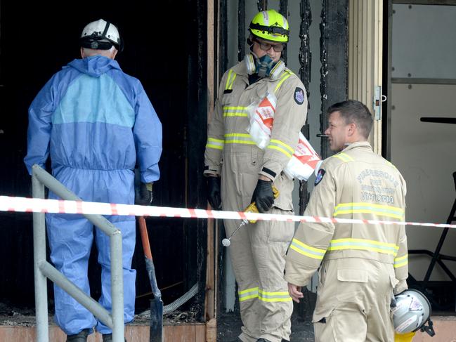 Police and fire investigators outside the Addass Israel synagogue at Ripponlea. Picture: Andrew Henshaw