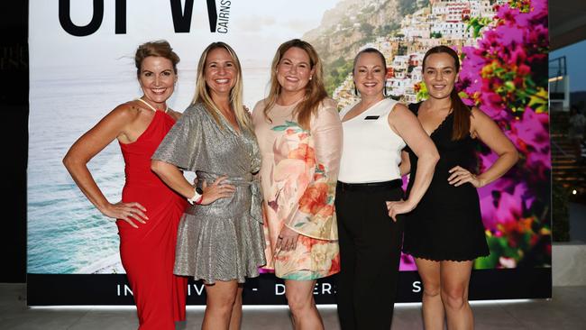 Vanessa Allen, Kate Montgomery, Tara Diversi, Chantelle Bugeja and Janelle Yarwood at the 2024 Cairns Fashion Week official welcome party, held at the Benson Hotel. Picture: Brendan Radke