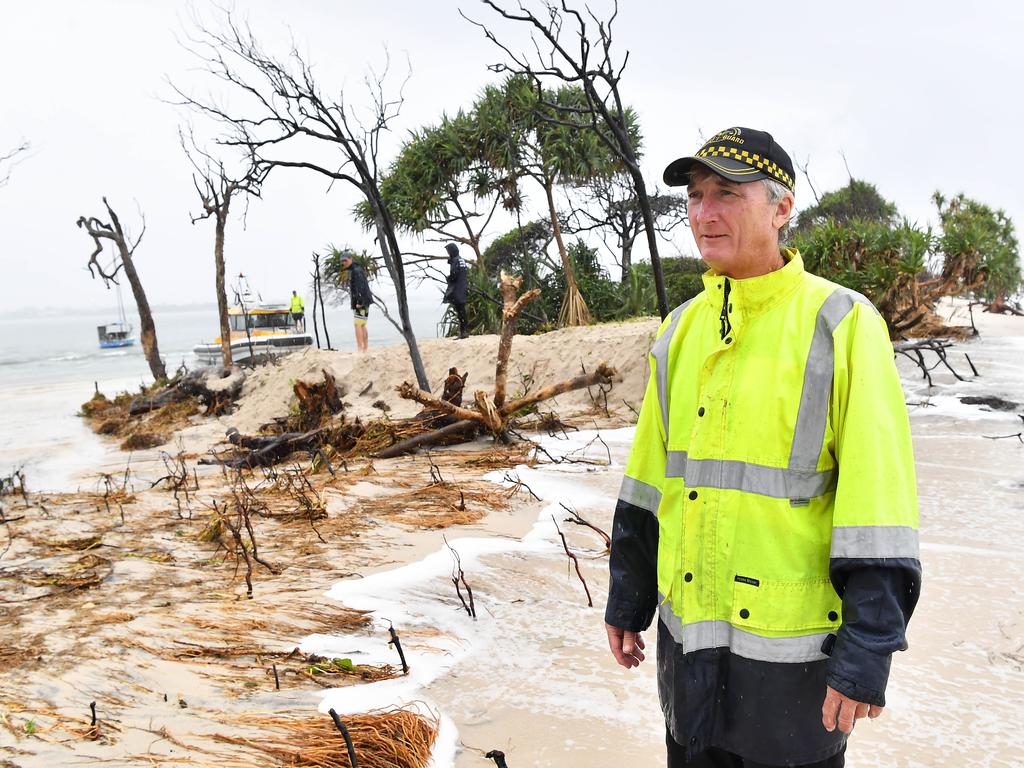 Caloundra Coast Guard helmsman Peter Diezmann surveys the breakthrough at Bribie Island. Picture: Patrick Woods.