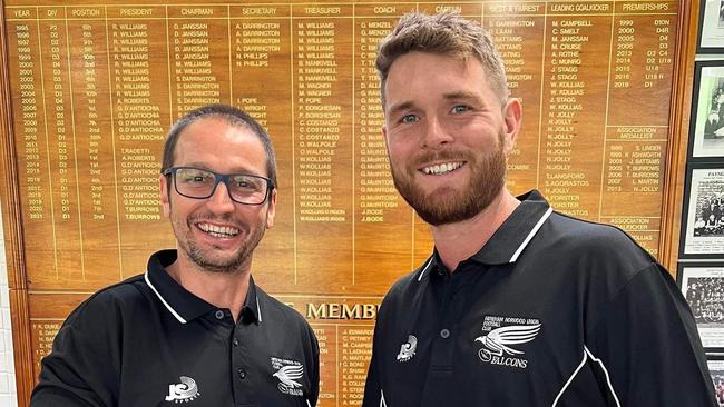 Payneham Norwood Union recruit Brad McKenzie (right) was strong for the Falcons on Saturday but couldn’t get his side over the line. Picture: Payneham Norwood Union Football Club