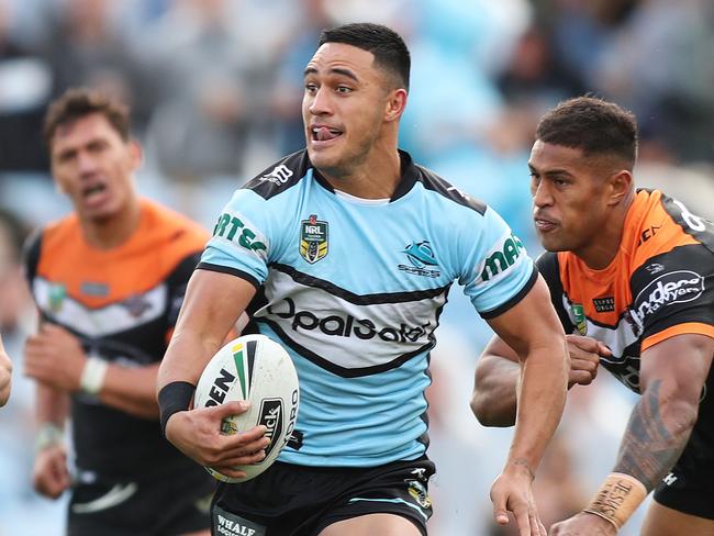 Cronulla's Valentine Holmes sprints away for a try from a Paul Gallen pass during the Cronulla Sharks v Wests Tigers NRL match at Southern Cross Group Stadium, Cronulla. Picture: Brett Costello