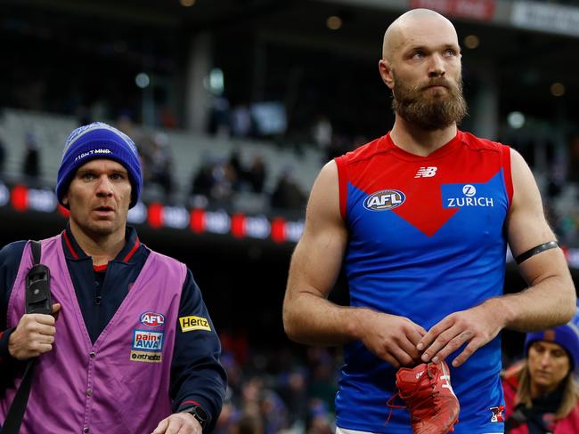 MELBOURNE, AUSTRALIA - JUNE 13: Max Gawn of the Demons looks on during the 2022 AFL Round 13 match between the Collingwood Magpies and the Melbourne Demons at the Melbourne Cricket Ground on June 13, 2022 in Melbourne, Australia. (Photo by Dylan Burns/AFL Photos via Getty Images)