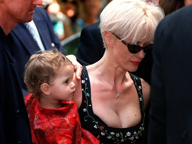 Paula Yates seen with Tiger Lily at the funeral for Michael Hutchence in November 1997.