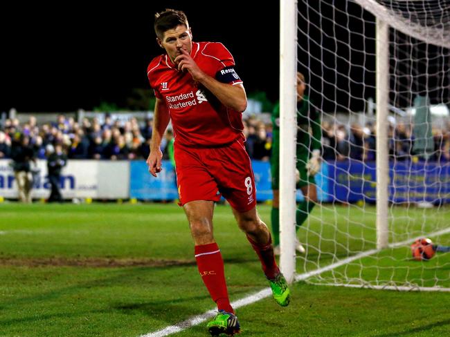 Steven Gerrard scores one of his two match-winning goals in an FA Cup fixture this week.