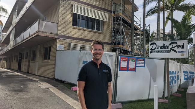 Adam Husband from Structural Diagnostics at the Paradise Royal Apartments in Surfers Paradise, where building work is taking place to replace balconies which have become unsafe. Picture: Keith Woods.