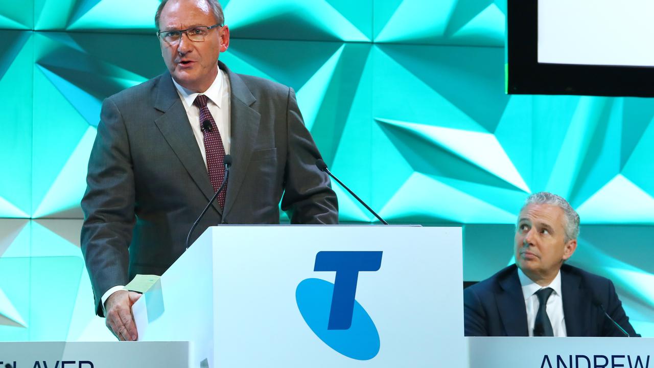 Telstra chairman John Mullen and CEO Andrew Penn weren’t too popular at the company's Annual General Meeting on Tuesday. Picture: Hollie Adams/The Australian