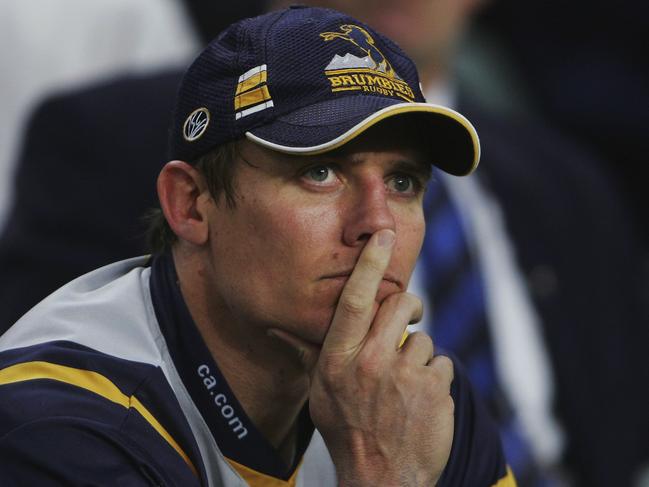 SYDNEY, NSW - APRIL 16: Stephen Larkham of the Brumbies watches on after leaving the field injured during the round ten Super 14 match between the Waratahs and the Brumbies played at Aussie Stadium April 16, 2006 in Sydney, Australia. (Photo by Chris McGrath/Getty Images)