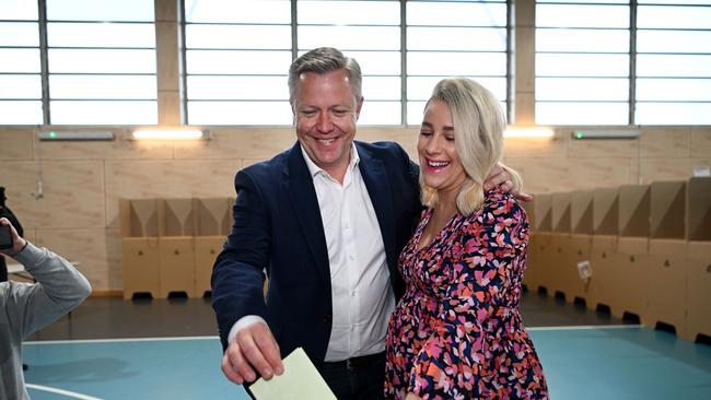 LNP candidate for the federal seat of Fadden, Cameron Caldwell and his wife Lauren will be celebrating his win on Saturday. Picture: Dan Peled / NCA Newswire