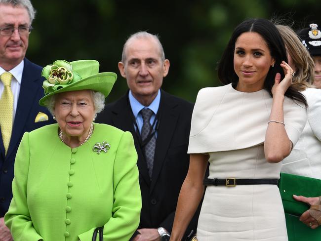 Queen Elizabeth II and Meghan, Duchess of Sussex arrive to open the new Mersey Gateway Bridge in the town of Widnes in Halton, Cheshire, England. Picture: Getty