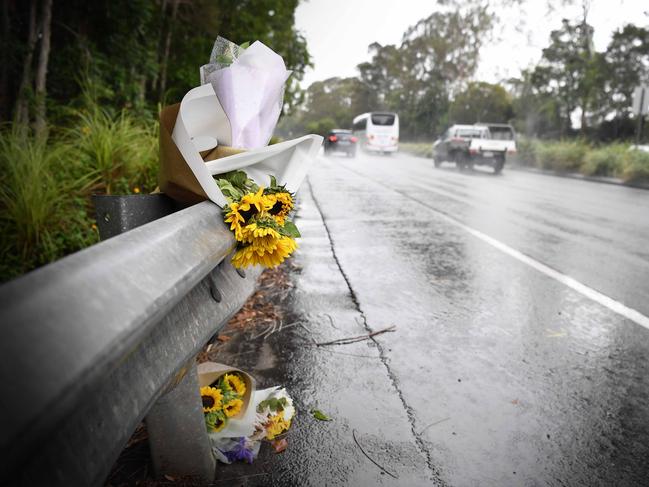 Flowers at a fatal crash site in Noosa. Picture: Patrick Woods.