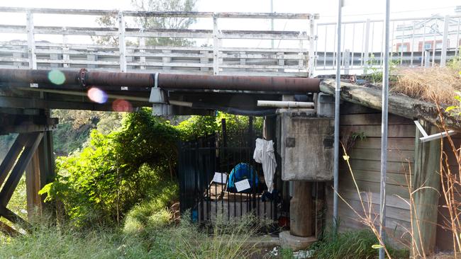 Lismore. A tent sits under a bridge on the edge of town, homeless people and drug users are said to often live in tents along the river. Picture: David Swift