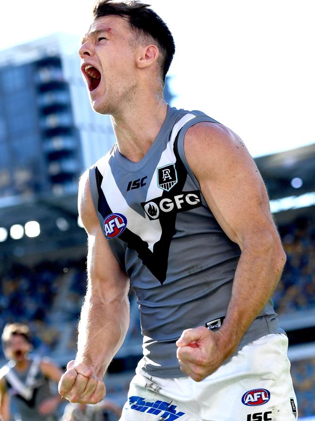 Gray celebrates kicking the winning goal against Carlton in Round 7.