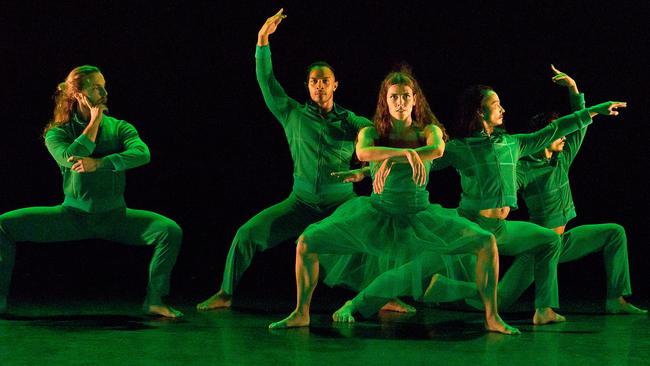 G by Australian Dance Theatre. Rowan Rossi, Thomas Fonua, Zoë Dunwoodie, Kimball Wong, Harrison Elliott. Picture: Oliver Toth at Accent Photography.