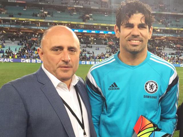 Western Melbourne backer Lou Sticca with Chelsea striker Diego Costa.