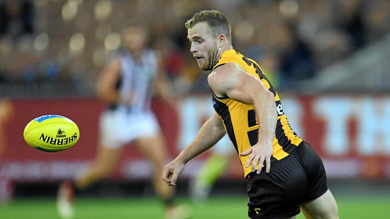 SHERRIN MEET TOM: Hawthorn midfielder Tom Mitchell is quickly redefining the term 'leather poisoning' after another high possession game against Geelong on Easter Monday. Picture: JULIAN SMITH