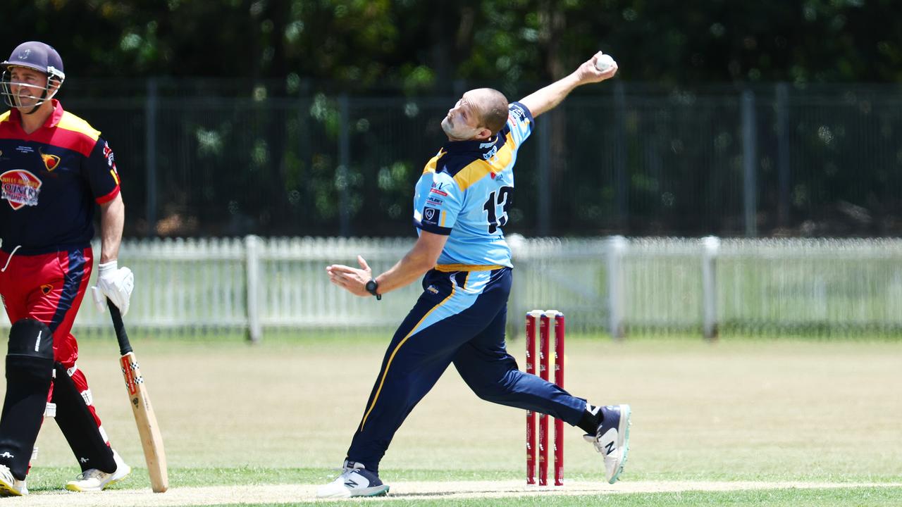 Jake Roach bowls in the Queensland Country Cricket Bulls Masters match between the Far North Fusion and the Sunshine Coast, held at Walker Road sporting fields, Edmonton. Picture: Brendan Radke