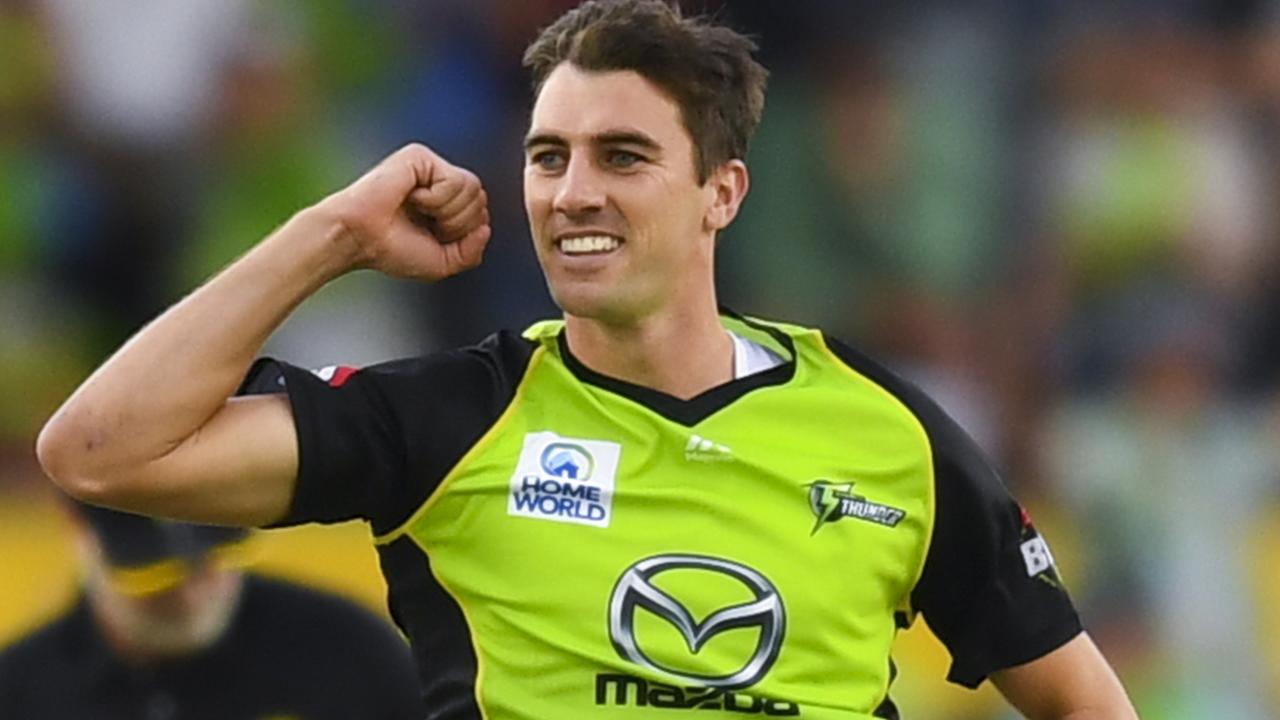 Pat Cummins of the Sydney Thunder (right) celebrates after dismissing D'Arcy Short of the Hobart Hurricanes during the Big Bash League (BBL) match between Sydney Thunder and Hobart Hurricanes at Manuka Oval in Canberra, Saturday, February 9, 2019. (AAP Image/Lukas Coch) NO ARCHIVING, EDITORIAL USE ONLY, IMAGES TO BE USED FOR NEWS REPORTING PURPOSES ONLY, NO COMMERCIAL USE WHATSOEVER, NO USE IN BOOKS WITHOUT PRIOR WRITTEN CONSENT FROM AAP