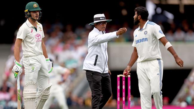 The opener exchanges words with Bumrah at the SCG. Picture: AFP