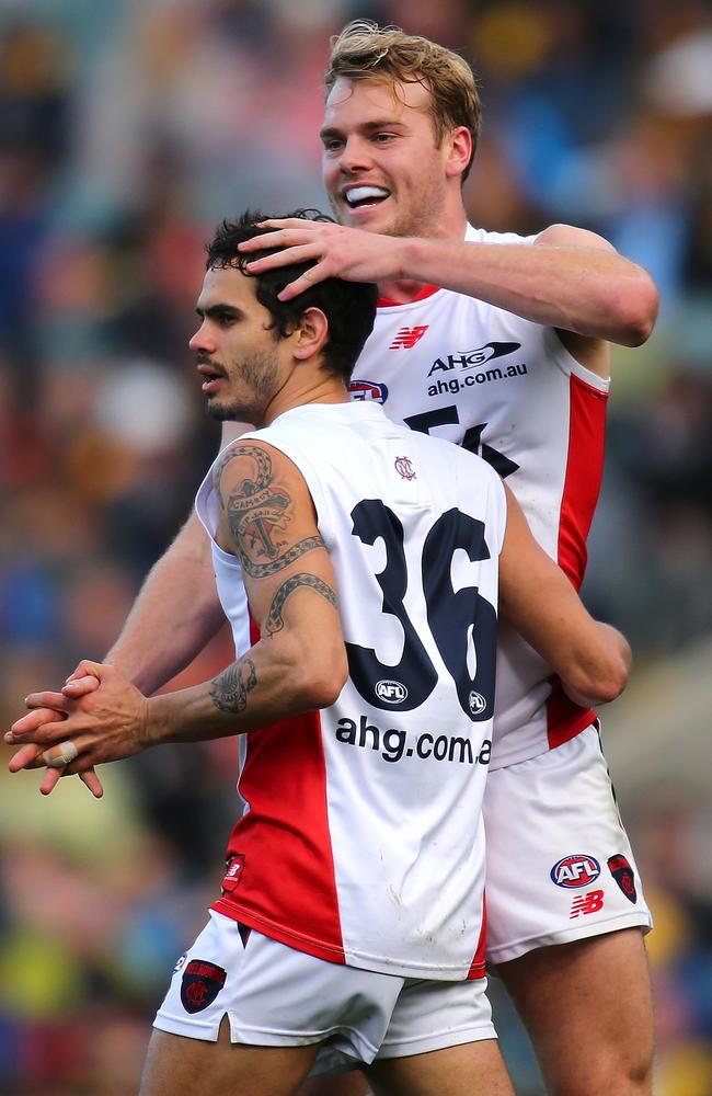 Jack Watts and Jeff Garlett celebrate a Demons goal. Picture: Getty Images
