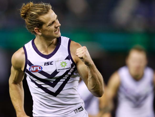 Nat Fyfe of the Dockers celebrates a goal during the 2017 AFL round 16 match in Melbourne. Picture: Adam Trafford/AFL Media/Getty Images