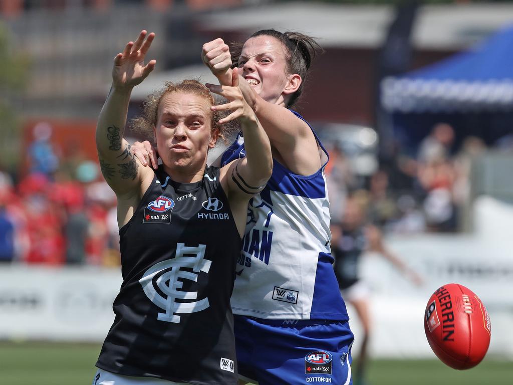 AFLW: North Melbourne vs Carlton, North Hobart Oval: Carlton's Tilly Lucas-Rodd and North Melbourne's Jasmine Grierson contest a mark Picture: LUKE BOWDEN