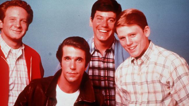 Cast from TV series Happy Days – actor Donny Most as 'Ralph' (L) Henry Winkler as the 'Fonz' and 'Potsie' (2ndR) Ron Howard (R) as richie cunningham Picture: Supplied