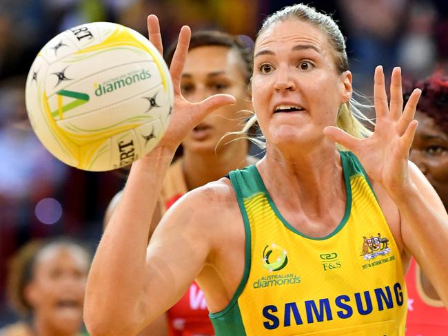 Caitlin Bassett of Australia during the Netball Quad Series game between the Australian Diamonds and the England Roses played at the Brisbane Entertainment Centre in Brisbane, Saturday, August 26, 2017. (AAP Image/Darren England) NO ARCHIVING, EDITORIAL USE ONLY.