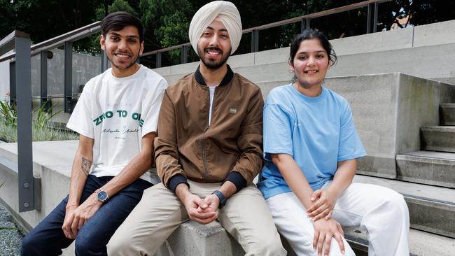 International students studying at UTS in Sydney, from left, Pruthvi Shah, Karanbir Sethi and Khushbu Oswal. Picture: David Swift