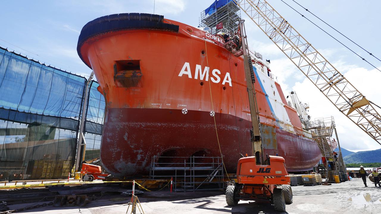 The Coral Knight, a 61m Emergency Tow Vessel operated by the Australian Maritime Safety Authority, is currently being surveyed for maintenance work at Tropical Reef Shipyard. Picture: Brendan Radke
