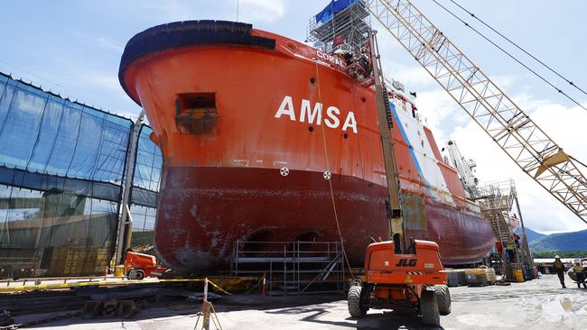 The Coral Knight, a 61m Emergency Tow Vessel operated by the Australian Maritime Safety Authority, is currently being surveyed for maintenance work at Tropical Reef Shipyard. Picture: Brendan Radke